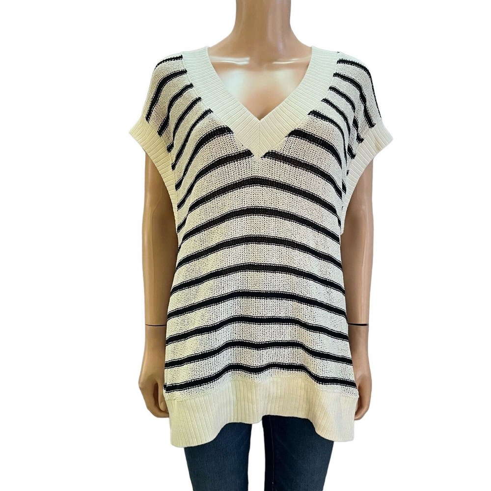 Zara Cream and Black Striped V-Neck Knit Sweater Vest